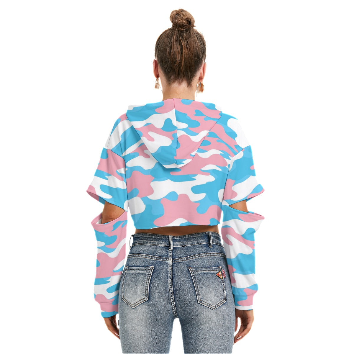 Teen Blue Pink White Cut-Sleeved Cropped Hoodie