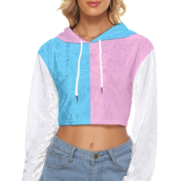 Blue Pink White Harlequin Pride Drop-Shouldered Cropped Velveted Hoodie