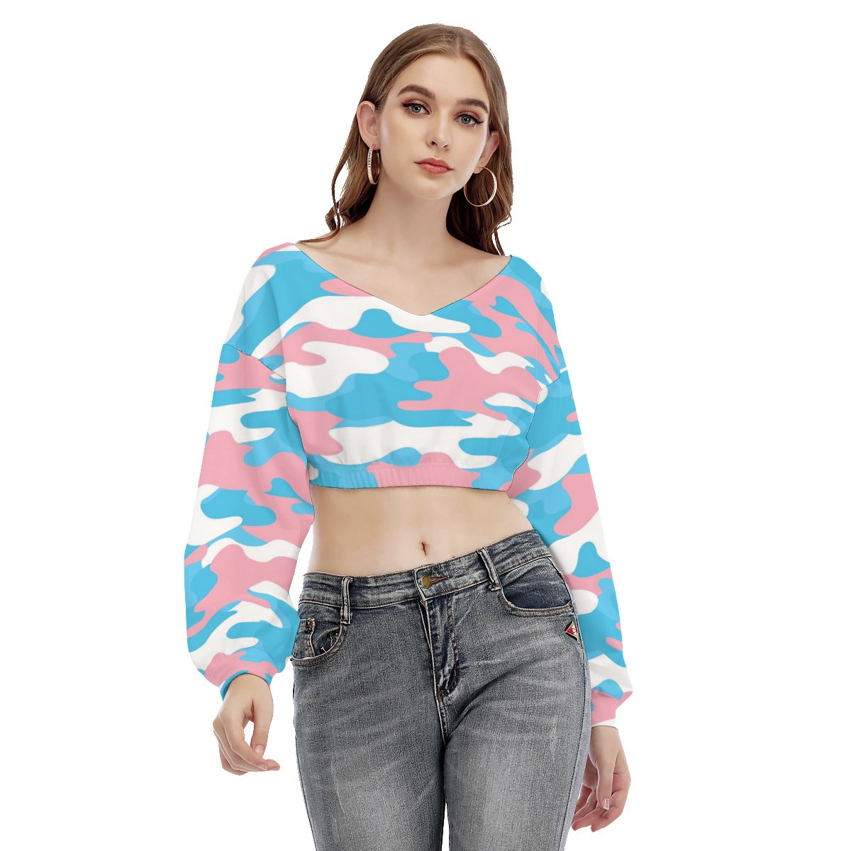 Blue Pink White Pride Camouflage Elasticated Cropped Sweatshirt