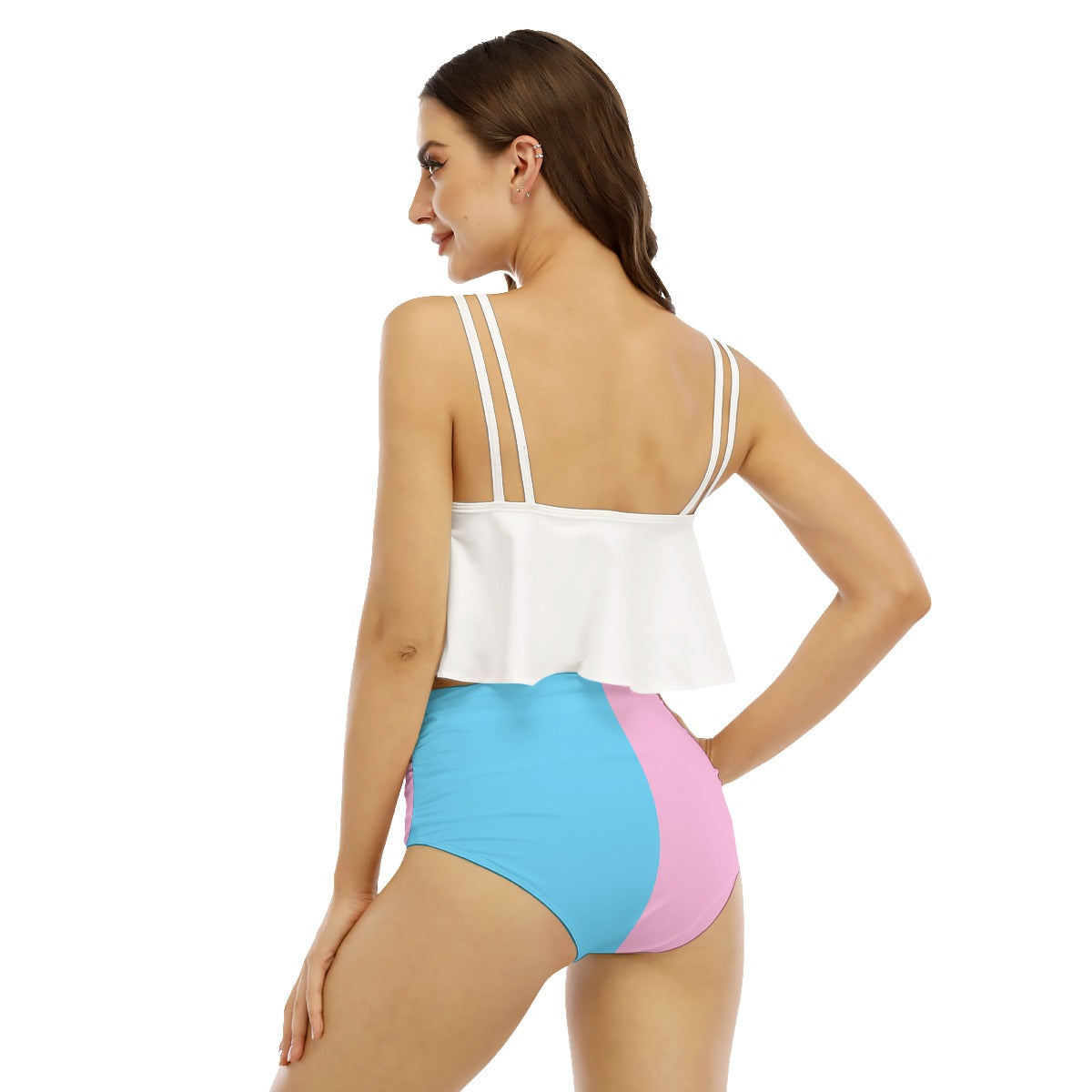Teen Blue Pink White Transgirl Vive l'Paris Pride Two-Piece White Ruffled Bikini Set