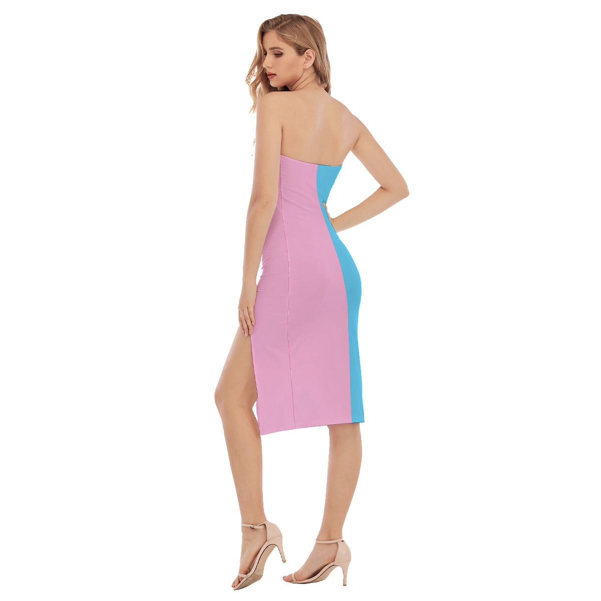 Blue Pink White Vive l'Paris Pride Sexy Body Hugging Side-Split Tube Top Dress