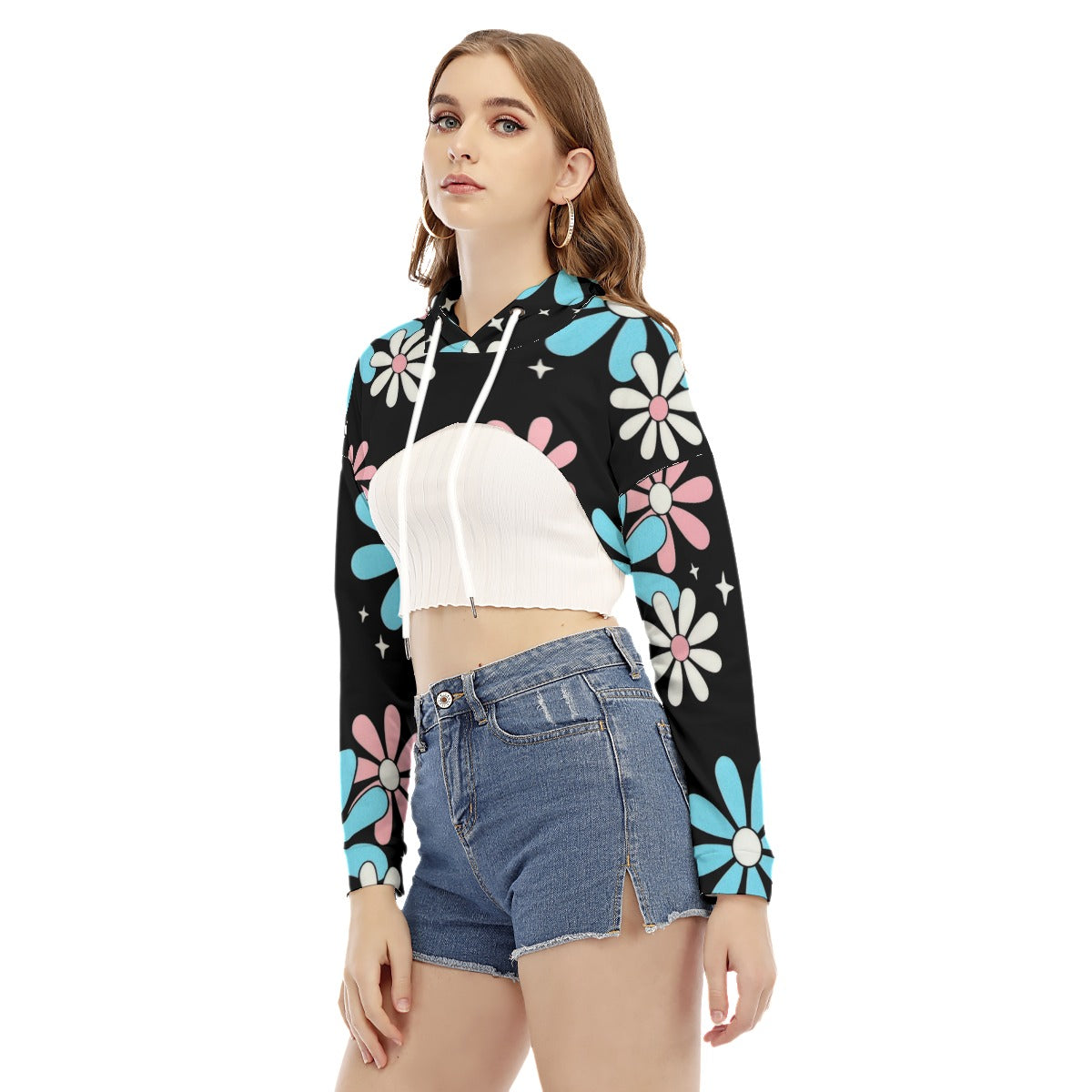 Teen Blue Pink White Big Daisies Pride Series Black Cropped Hooded Smock Top