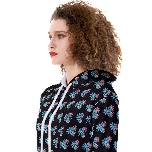 Blue Pink White All Over Trans Pride Daisies Black Heavy Fleece Long Hoodie