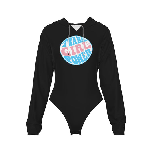 Teen Blue Pink White 'TRANS GIRL POWER' Pride Black Raglan Sleeve Hooded Bodysuit