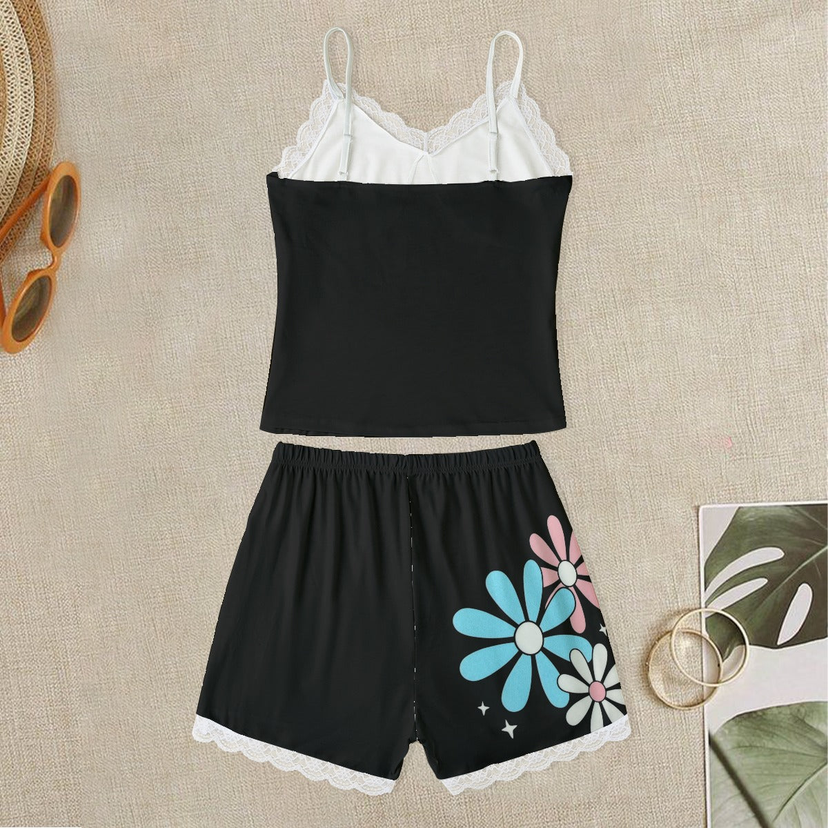 Plus Size Blue Pink White Big Daisies Laced Edge Black Camisole Set