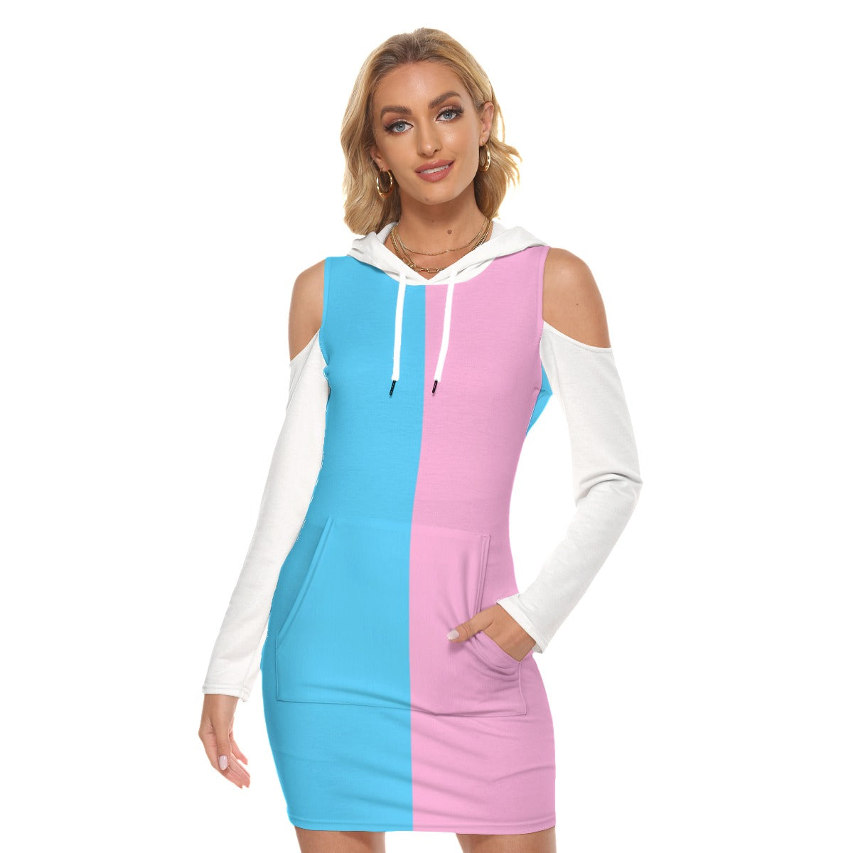 Teen Blue Pink White All-Over Pride Cold-Shoulder Hooded Dress
