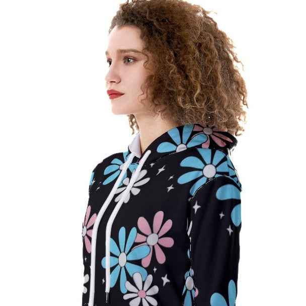 Blue Pink White Pride Big Daisies Black Fleece Long Hoodie
