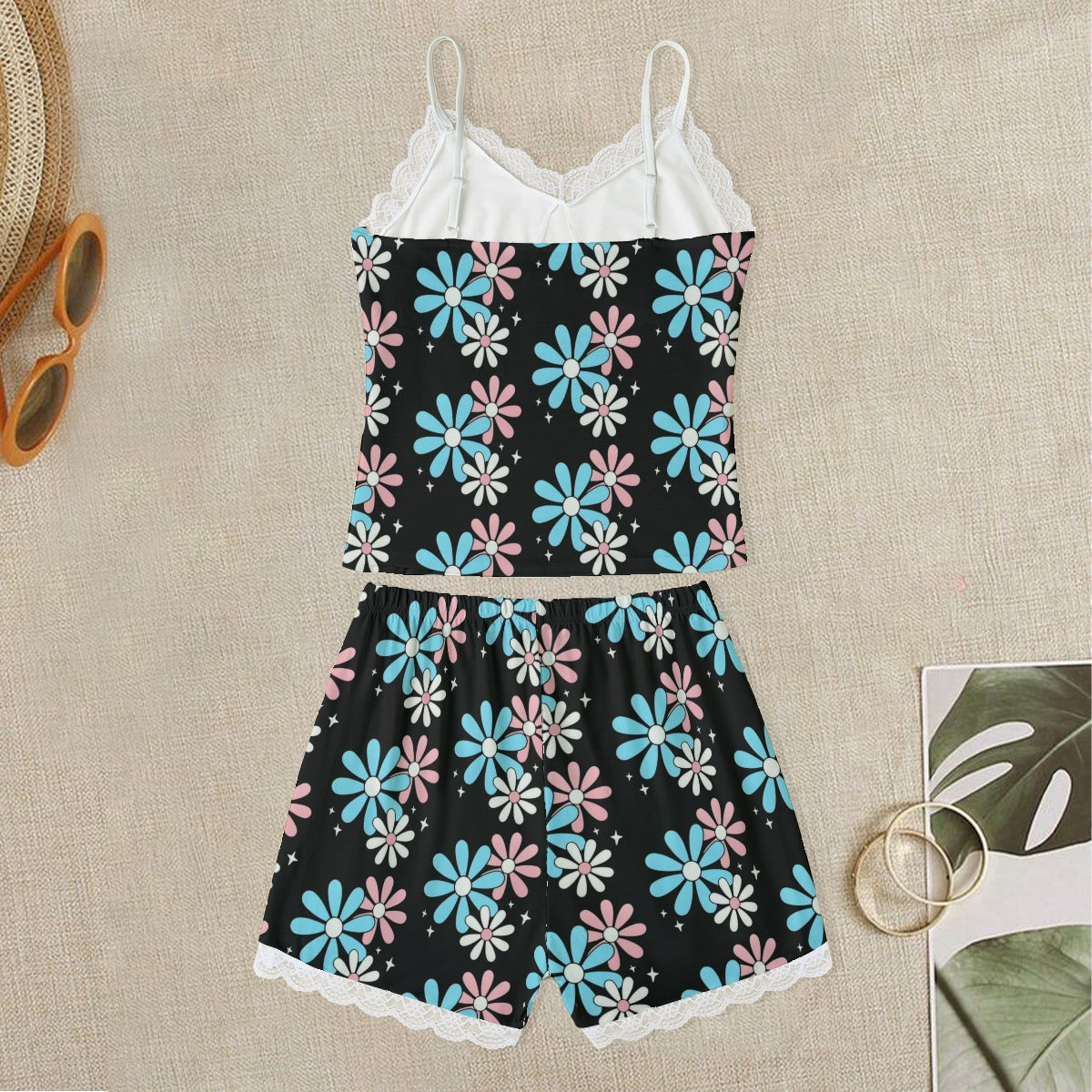 Plus Size Blue Pink White Big Daisies Series Laced Edge Black Camisole Set