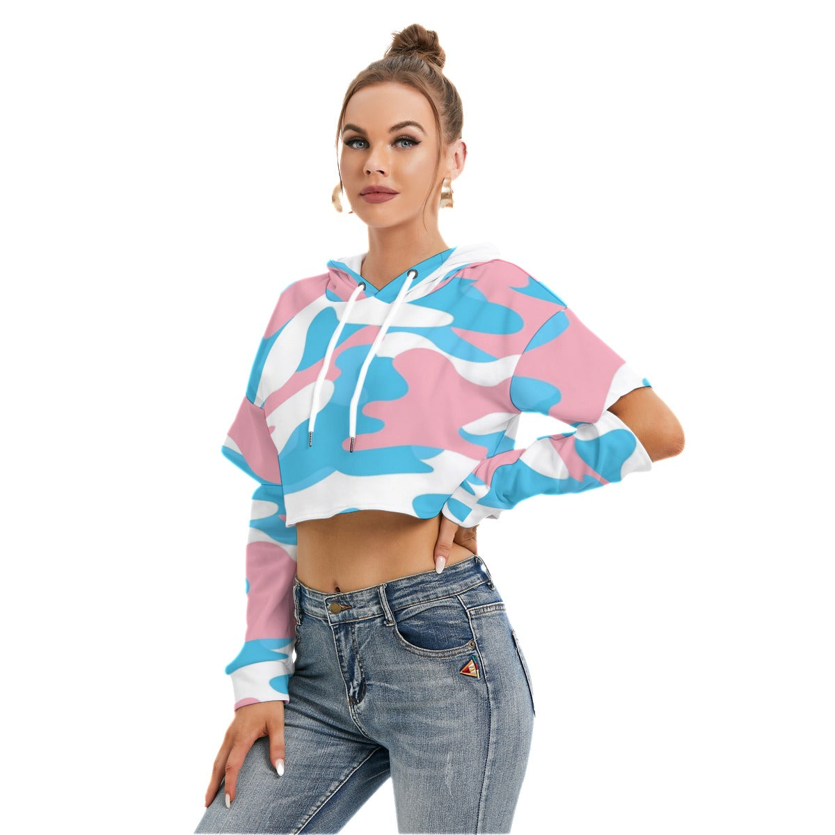 Teen Blue Pink White Cut-Sleeved Cropped Hoodie