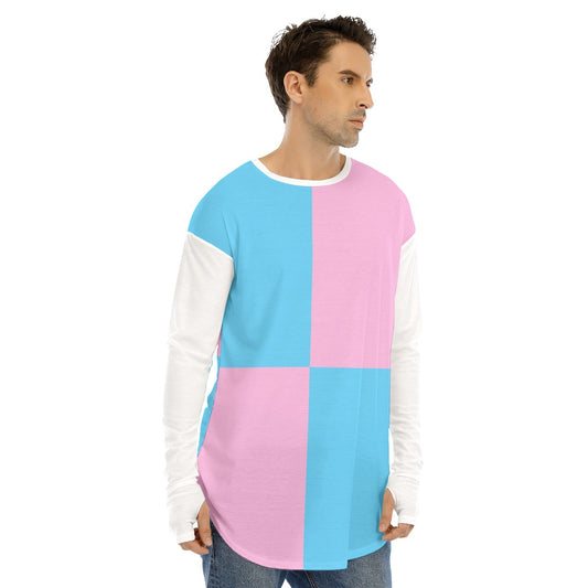 Plus Size Blue Pink White Pride Harlequin Long Fingerless-Gloved Sleeve Boyfriend T-Shirt