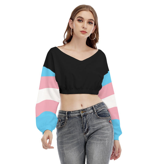 Blue Pink White Trans Pride Sleeved Cropped Black Sweatshirt