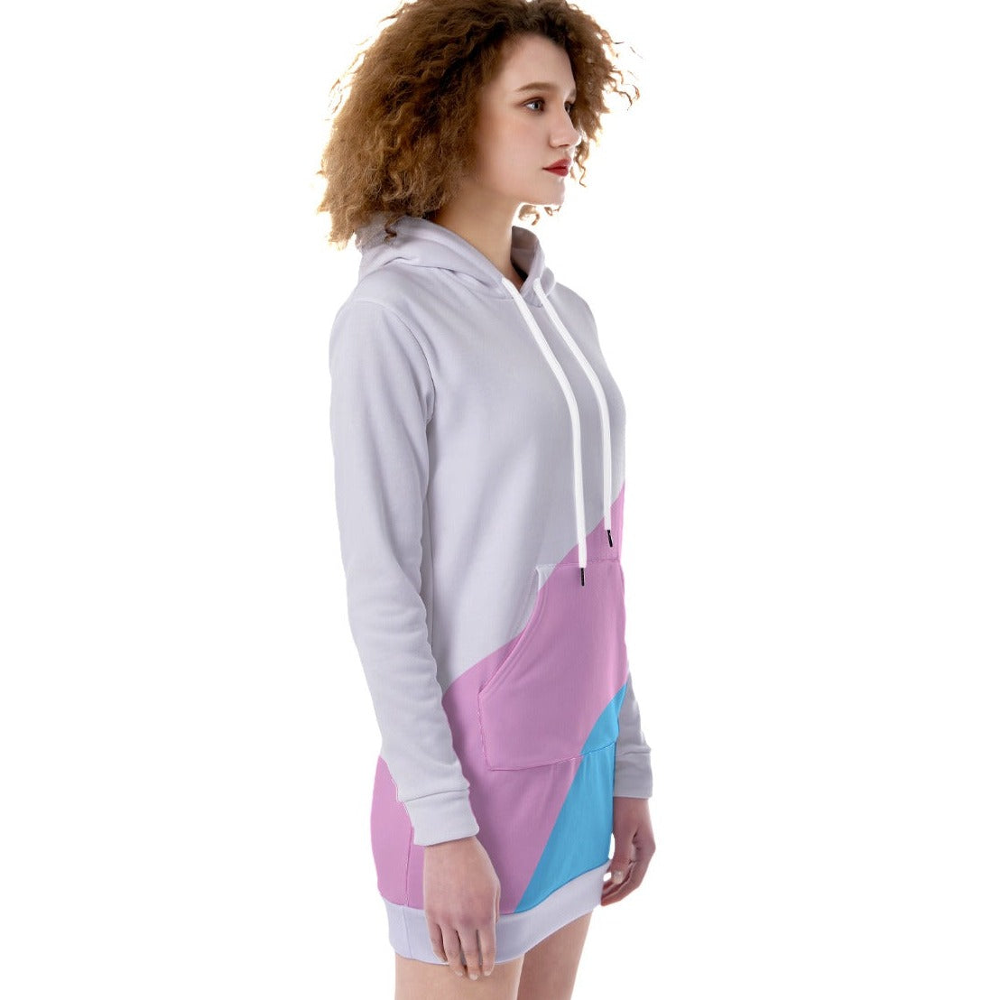 Blue Pink White Pride Thigh-Length Fleece Dress Hoodie