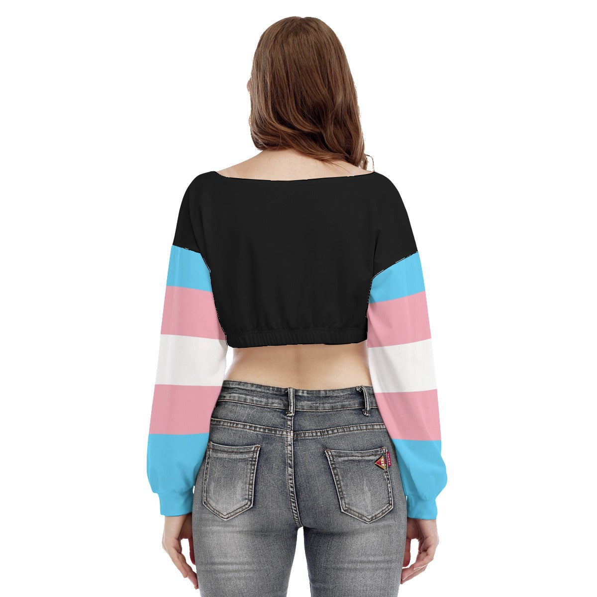 Blue Pink White Trans Pride Sleeved Cropped Black Sweatshirt