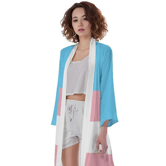 Teen Blue Pink White All Over Pride Long Satin Kimono Robe