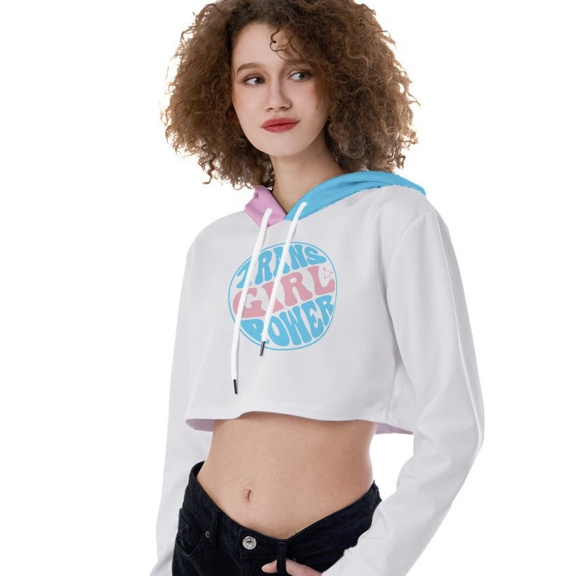Blue Pink White 'TRANS GIRL POWER' Transcolour/White Crop Top Hoodie