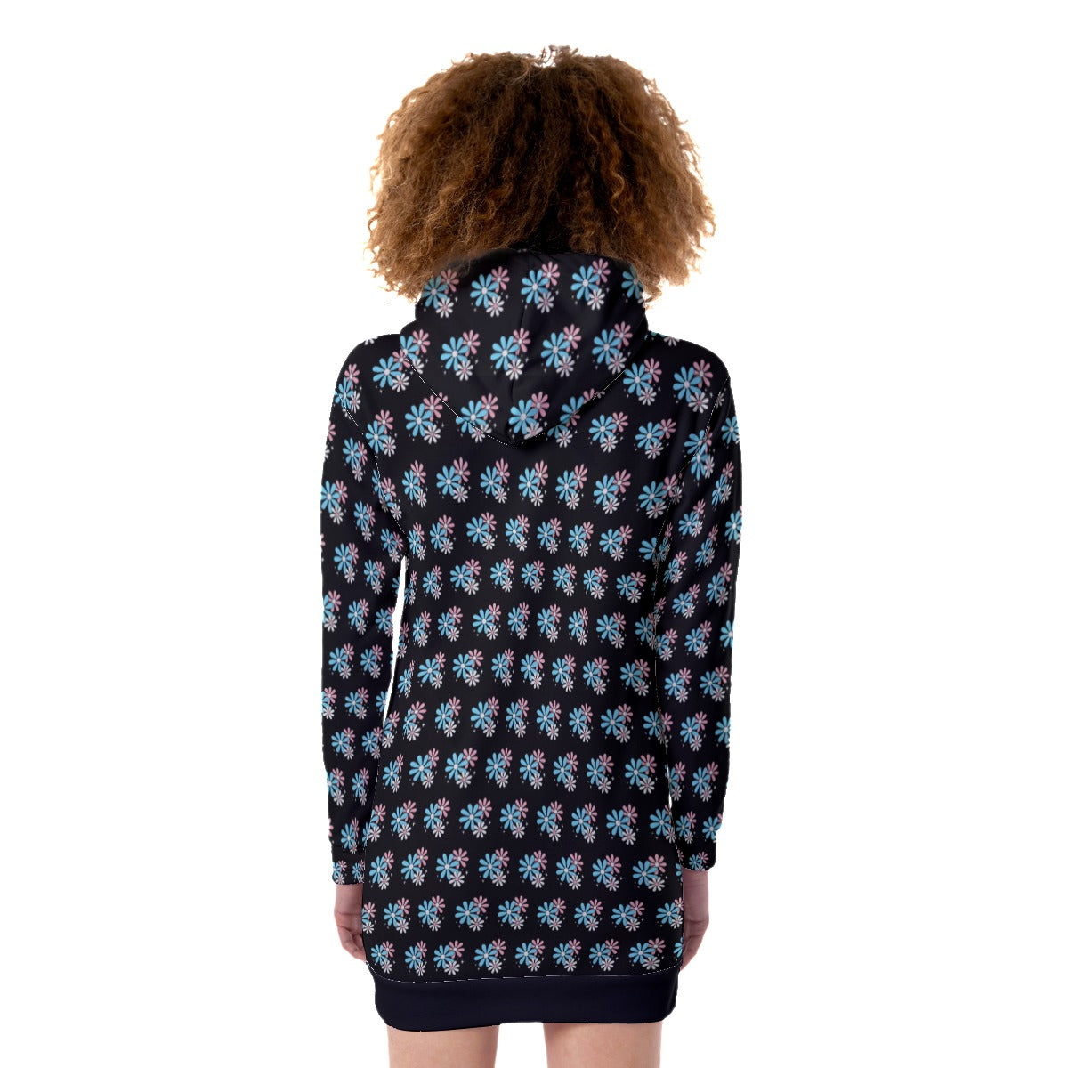Blue Pink White All Over Trans Pride Daisies Black Heavy Fleece Long Hoodie