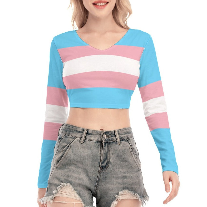 Blue Pink White All-Over Pride Print Backless Tie-Back T-Shirt