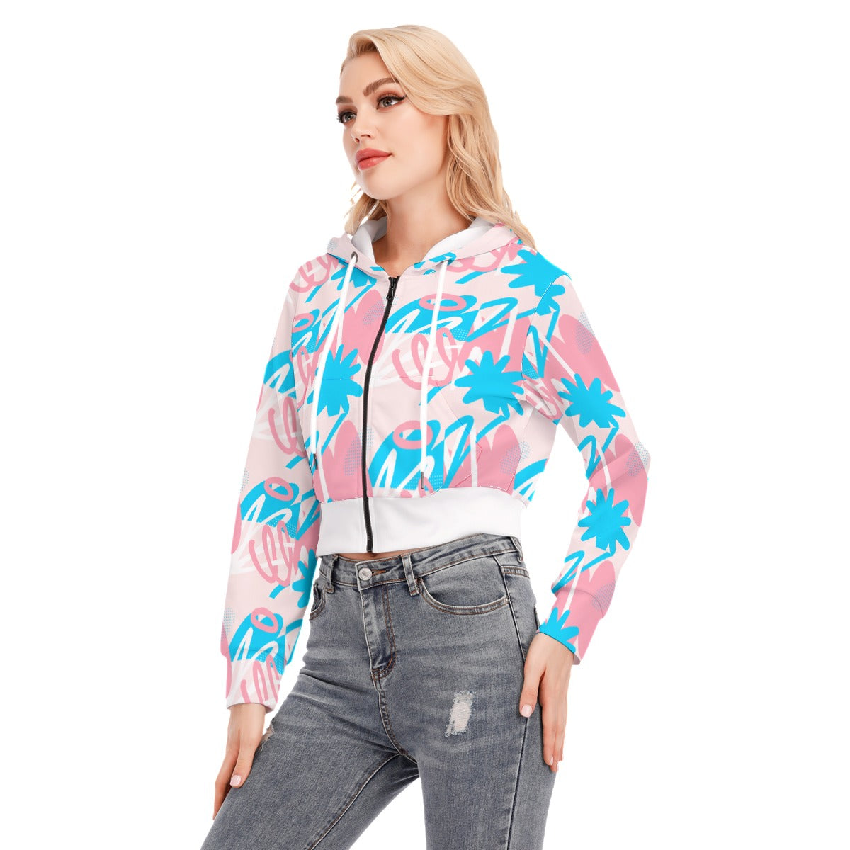 Teen Blue Pink White Pride Doodled Cropped Hooded Jacket
