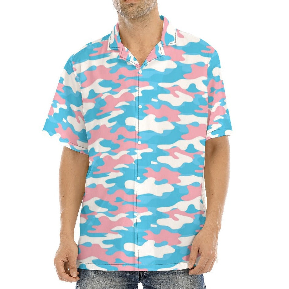 All-Over Trans Coloured Trans Pride Camouflage Hawaiian Style Boyfriend Shirt