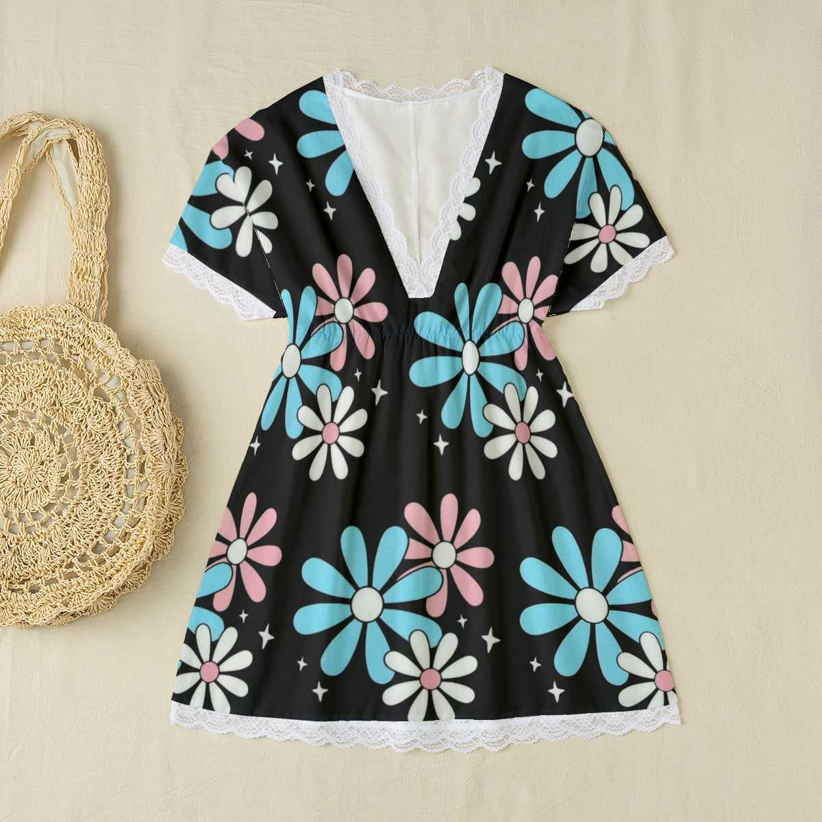 Plus Size Blue Pink White Big Daisies Series Lace Edged Black Babydoll Style Nightie