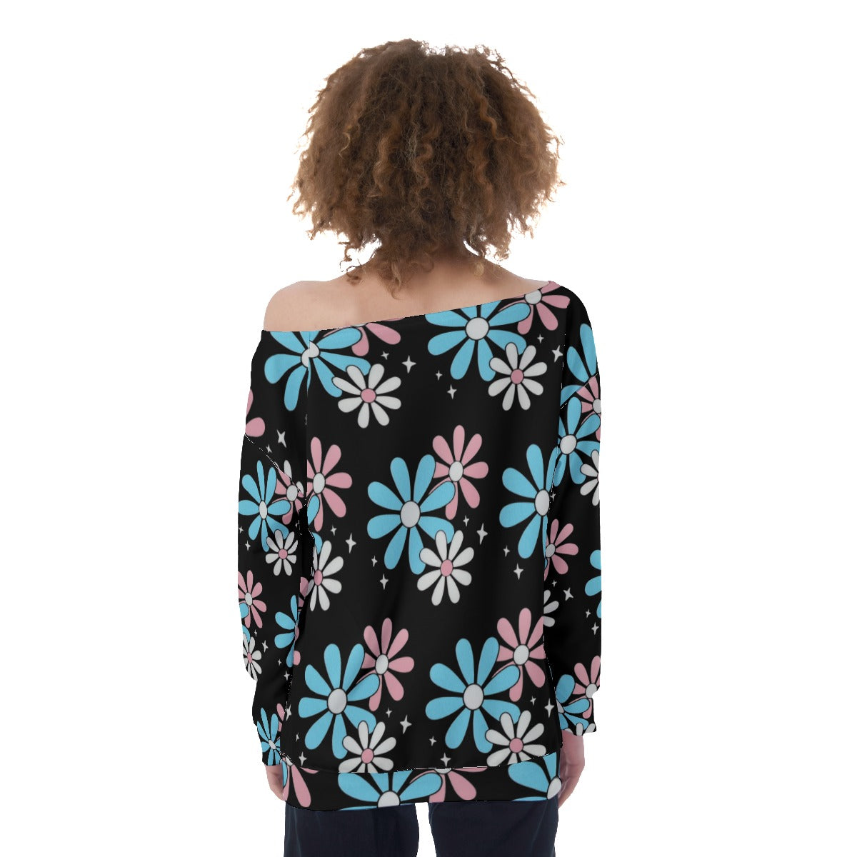 Teen - Plus Size Blue Pink White Big Daisies Series Pride Off-Shoulder Sweatshirt