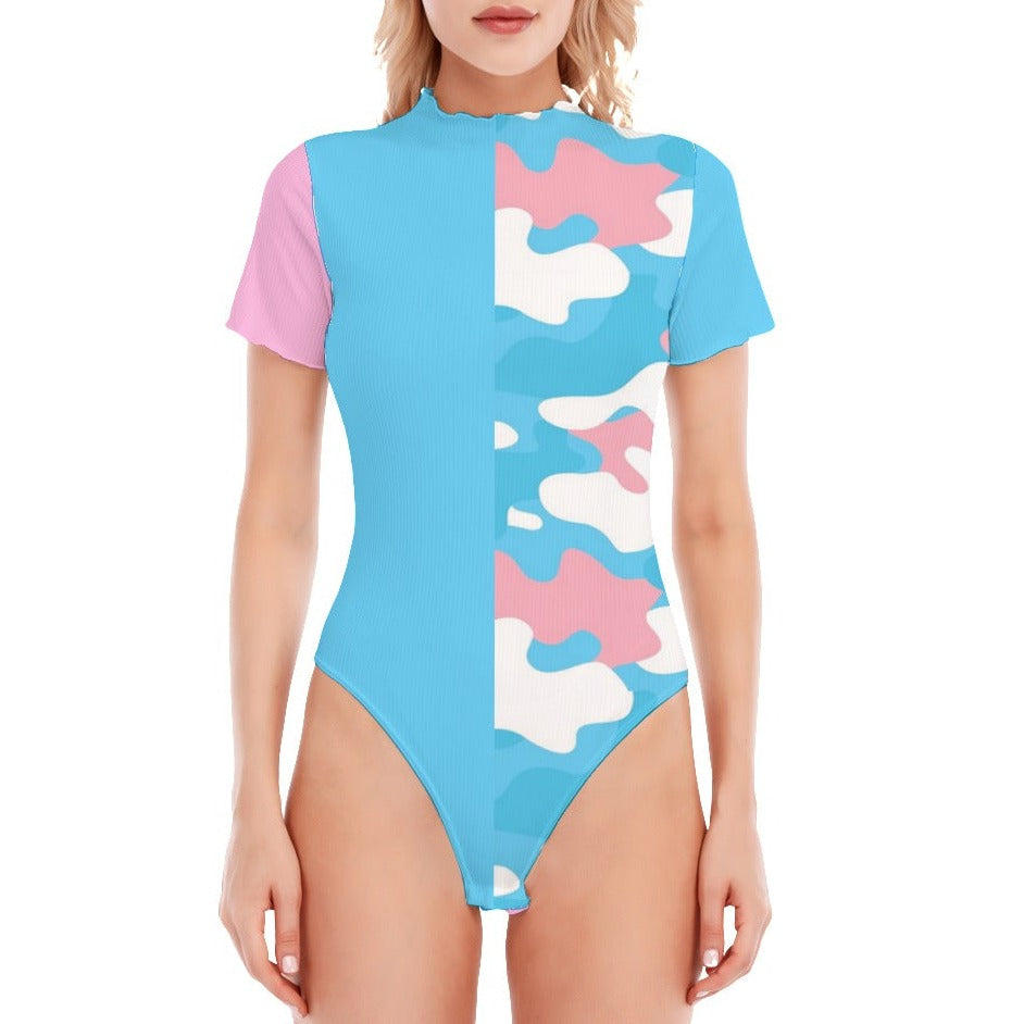 Teen - Blue Pink White Pride Camouflage Half High-Neck T-Shirt-Bodysuit