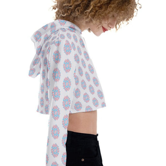 Plus Size Blue Pink White Trans Pride Chrysanthemum White Crop Top Hoodie