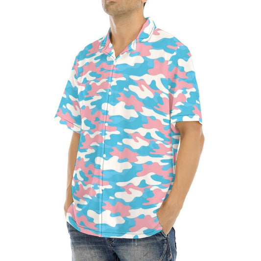 All-Over Trans Coloured Trans Pride Camouflage Hawaiian Style Boyfriend Shirt