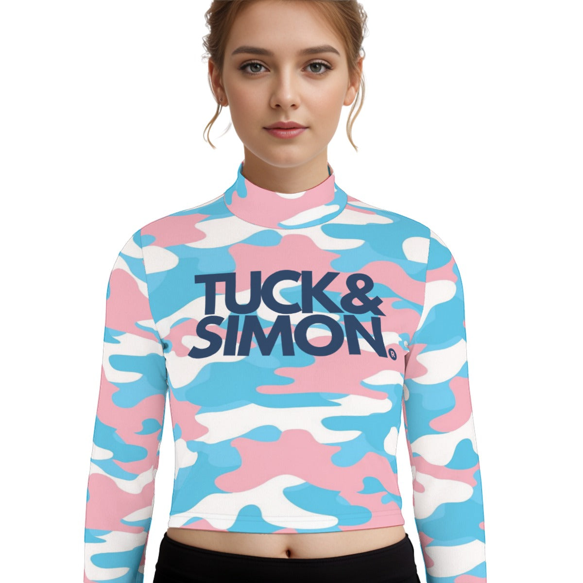 Plus Size Blue Tuck&Simon Pink White Camouflage Turtleneck T-Shirt