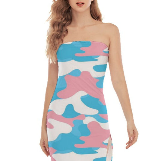 Blue Pink White Pride Camouflage Sexy Body Hugging Side-Split Tube Top Dress