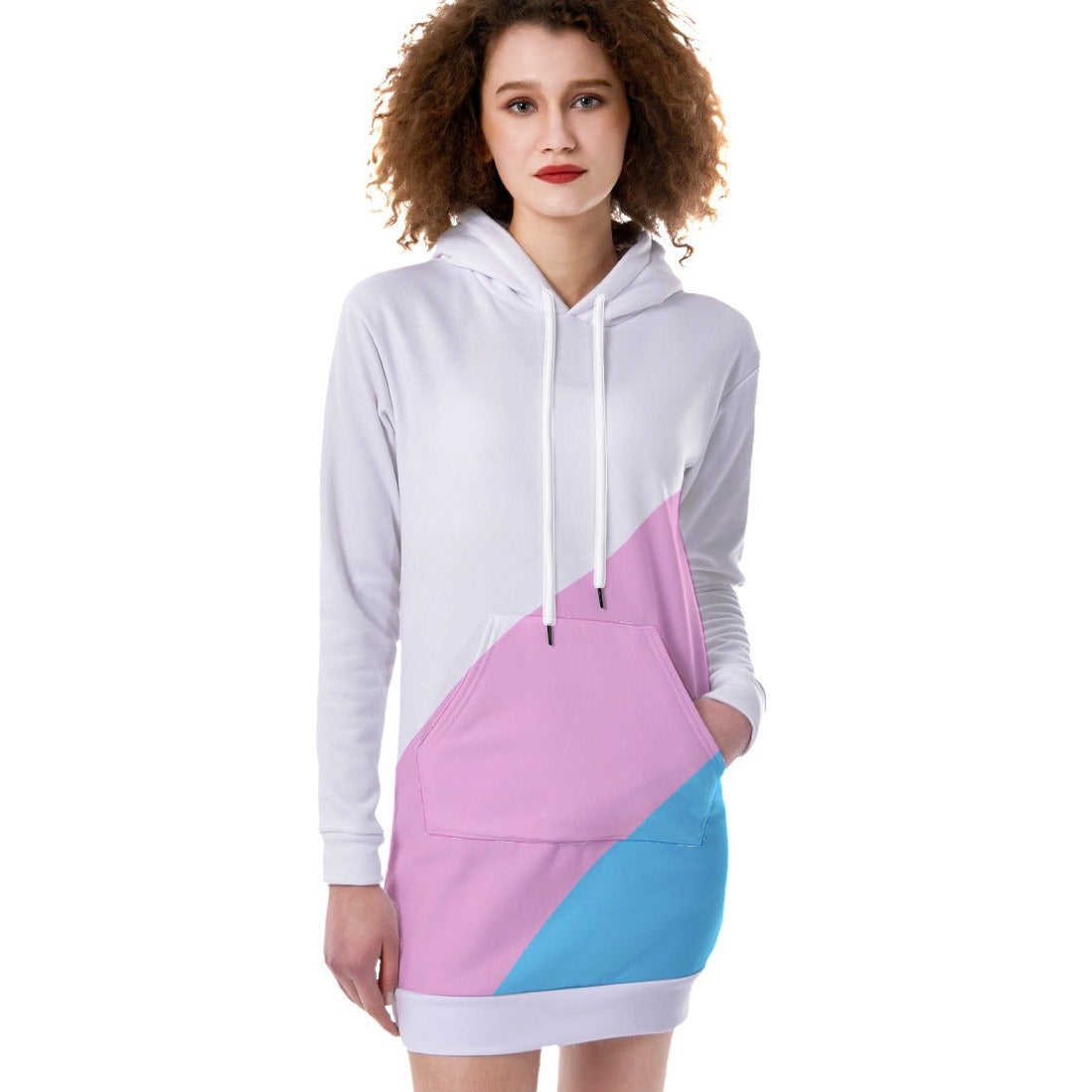 Blue Pink White Pride Thigh-Length Fleece Dress Hoodie