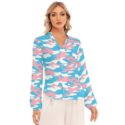 Blue Pink White Pride Camouflage V-Neck Long-Sleeved Blouse
