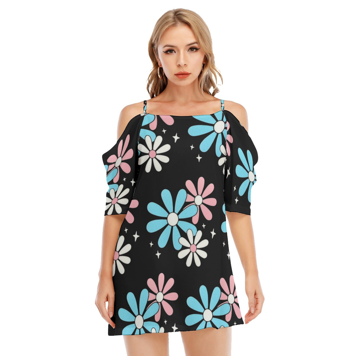 Blue Pink White Big Daisies Pride Series Black Off-Shoulder Cami Dress