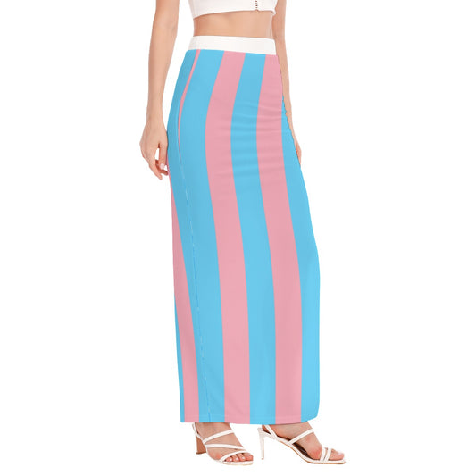 Blue Pink White Circus Striped Hip-Hugging Side-Slit Long Skirt