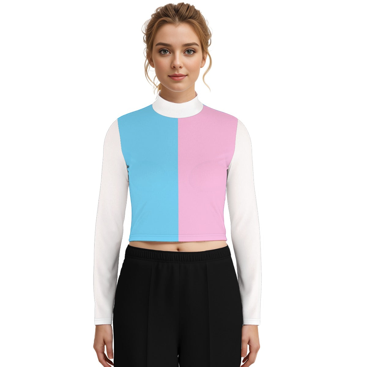 Plus Size Blue Pink White Turtleneck T-Shirt