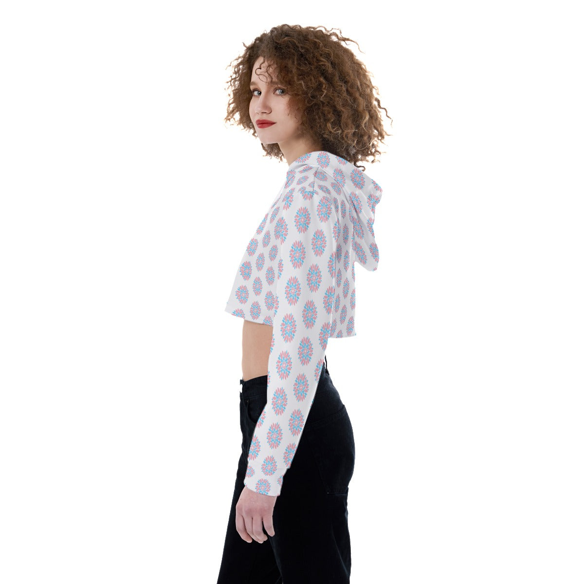 Plus Size Blue Pink White Trans Pride Chrysanthemum White Crop Top Hoodie