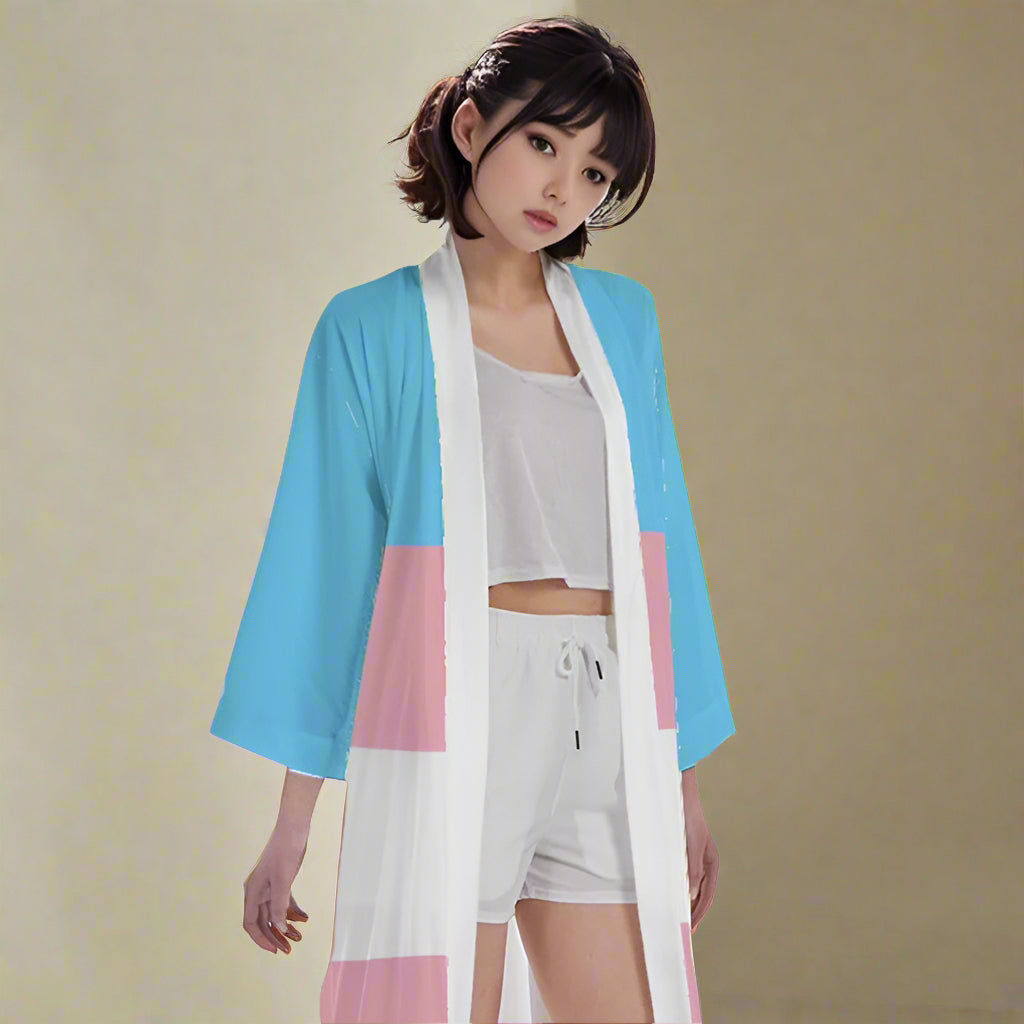 Teen Blue Pink White All Over Pride Long Satin Kimono Robe