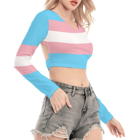 Blue Pink White All-Over Pride Print Backless Tie-Back T-Shirt