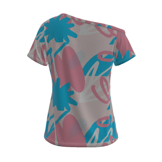 Blue Pink White All-Over Pride Doodling Off-Shoulder T-shirt