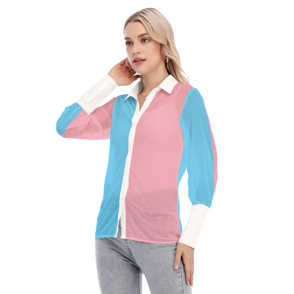 Teen to Plus Size Trans Coloured Trans Pride See-Through Deep-Cuff Blouse