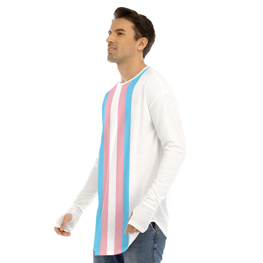 Plus Size Blue Pink White Pride Long White Fingerless-Gloved Sleeve Boyfriend T-Shirt