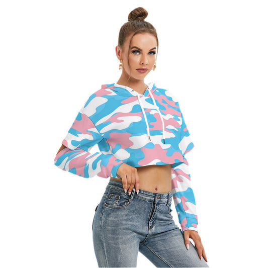 Teen Blue Pink White Cut-Sleeved Cropped Hoodie