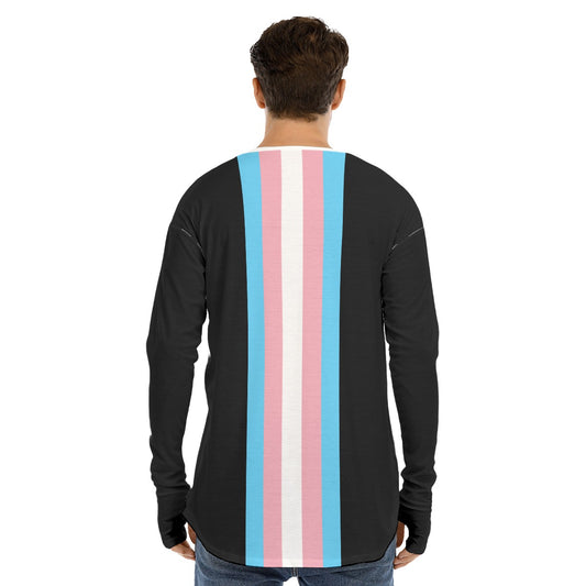 Plus Size Blue Pink White Pride Long Black Fingerless-Gloved Sleeve Boyfriend T-Shirt