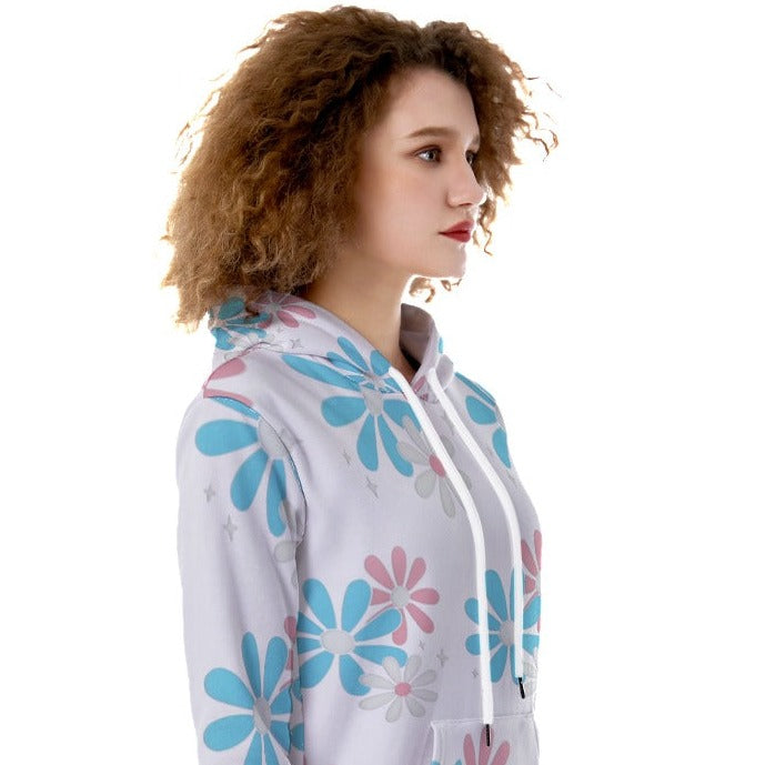 Blue Pink White All Over Trans Pride Big Daisies White Heavy Fleece Long Hoodie