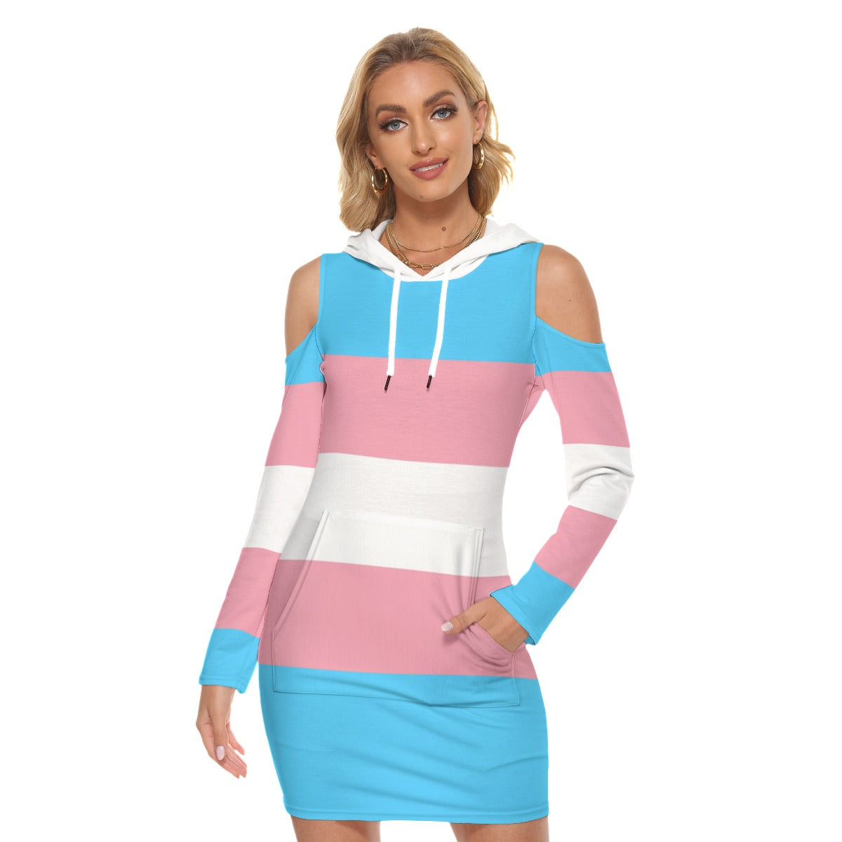 Teen Blue Pink White All-Over Pride Cold-Shoulder Hooded Dress
