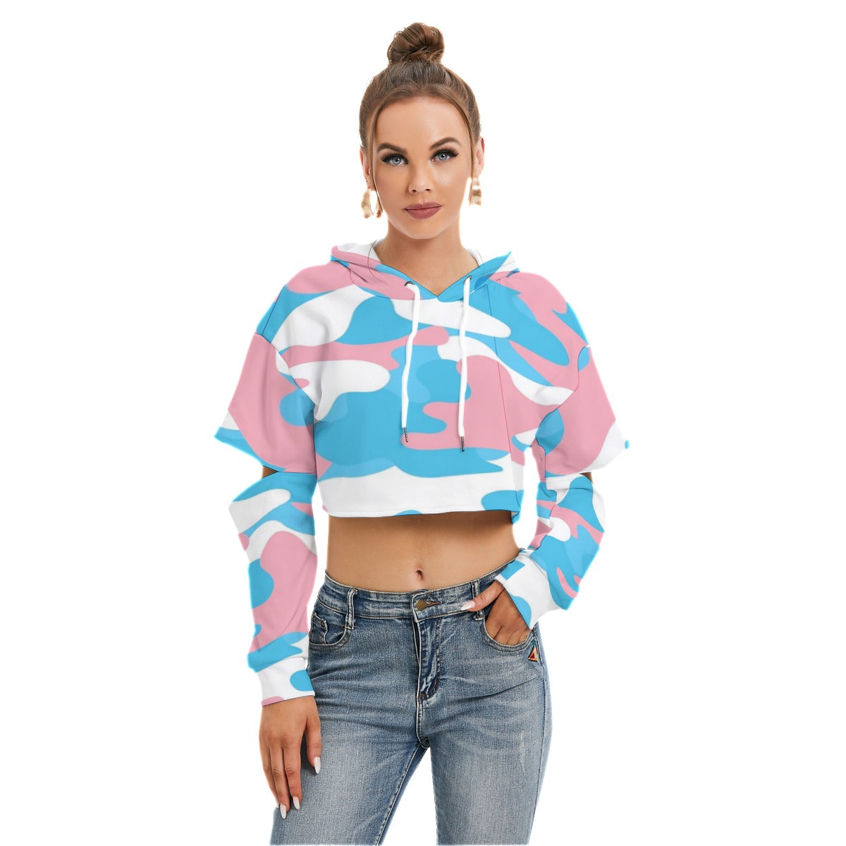 Teen Blue Pink White Cut-Sleeved Cropped Hoodie