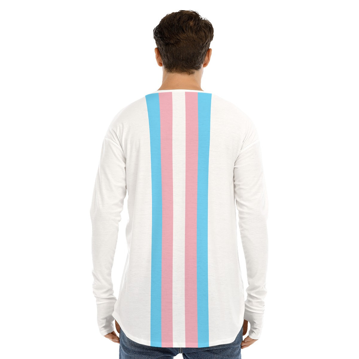 Plus Size Blue Pink White Pride Long White Fingerless-Gloved Sleeve Boyfriend T-Shirt