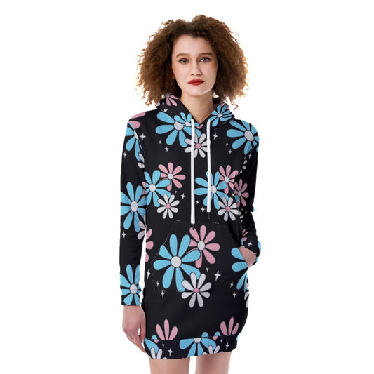 Blue Pink White Pride Big Daisies Black Fleece Long Hoodie