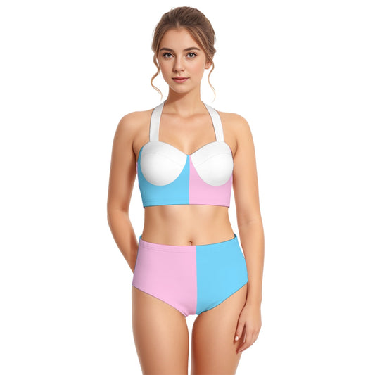 Blue Pink White Pride Halter Neck Swimsuit Set