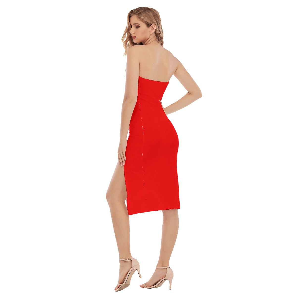 Sexy Red Ruby Femboy Body Hugging Side-Split Tube Top Dress